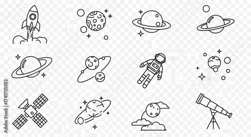 Collection of space elements including planets, rocket, astronaut, satellite and telescope line art icons created with generated ai