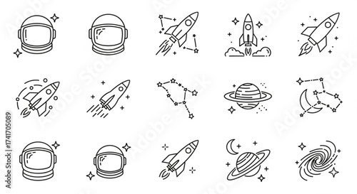 Illustration of space icons including astronaut helmets, rockets, constellations, planets and a galaxy image created with generated ai