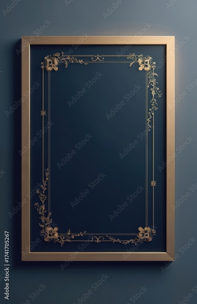 Fototapeta premium Elegant golden floral border surrounds blank dark blue certificate template. Ideal for awards diplomas invitations business cards menus or greeting cards design.