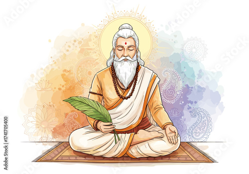 Digital watercolor  vector illustration of Sage Valmiki meditating, wearing traditional Indian attire, holding a manuscript, with soft watercolor textures and traditional Indian patterns