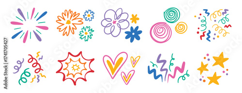 Abstract cute shapes sticker curve set. Colorful funny element organic symbol. Doodle flower and heart, star and confetti, trendy lines cartoon drawing style. 