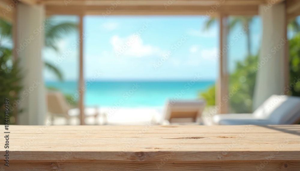 Fototapeta premium Empty wooden table foreground with tropical beach ocean background. Lounge chairs on white sand, turquoise water, blue sky. Bright sunny day resort view.