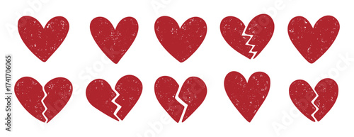 heart and broken heart sketch doodle hand drawn brush textured set. red hearts with texture