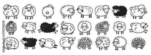 Doodle hand drawn funny cute sheep outline set. Drawing sheep