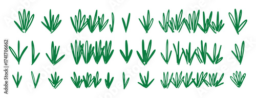 green grass doodle hand drawn icon set. Outline drawing green grass line clipart symbol collection