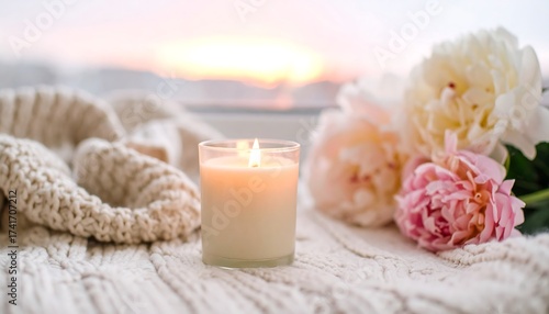 Soft candlelight, peonies, and a cozy knit