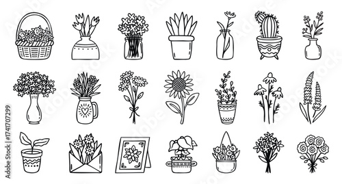 Home flowers set bouquets potted plants and vases line art outline, monochrome hand drawn.