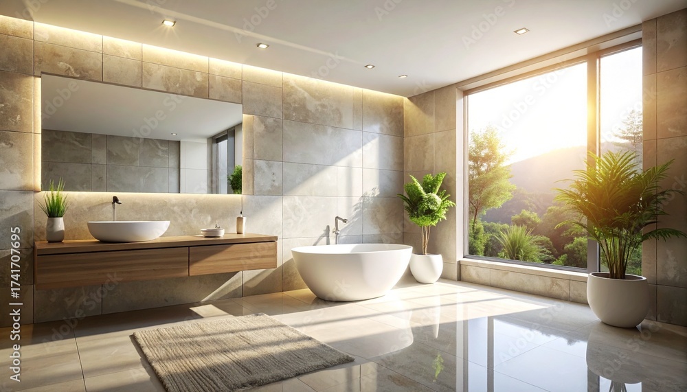 Fototapeta premium Minimal Bathroom with Stone Tile Wall and Diffuse Light
