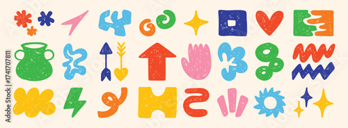 Cute abstract doodle shapes. Set of various modern kids hand drawn stars, hearts, clouds, flowers stickers. Retro comic figure
