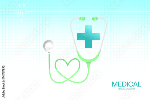 Medical background with blue and green background with stethoscope illustration and plus symbol. Suitable for hospital posters, web, and presentations. Vector eps.
