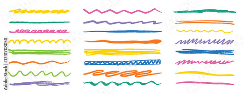 Chalk crayon lines, charcoal underlines highlight strokes doodle set. strips, brush line sketch style.
