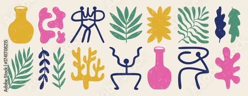 Nature abstract matisse style shapes set. Contemporary doodle art hand drawn silhouette branch, blobs, flowers, human body, leaves. 