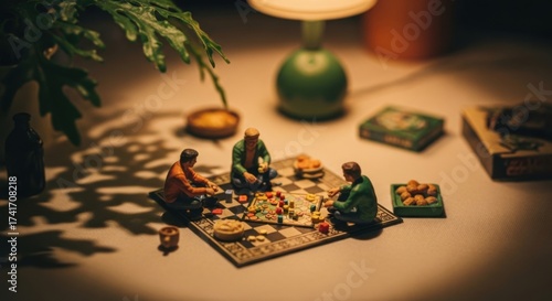 Miniature People Playing Board Game in Cozy Warm Lit Room