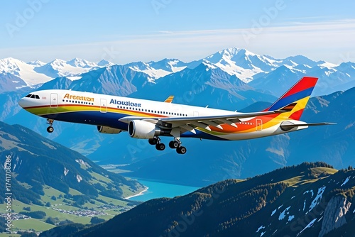 Wallpaper Mural An A330 passenger airplane is descending over a scenic mountain range landscape with green hills, forests, and a blue lake on a sunny day in Switzerland. Torontodigital.ca