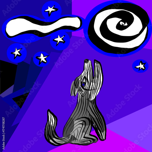 Wolf Howling at the Moon on a purple background