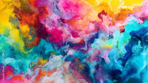 A vibrant abstract painting featuring swirling colors of pink, blue, yellow, and orange, creating a dynamic and energetic composition