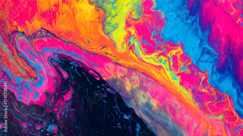 A vibrant abstract painting featuring swirling colors of pink, blue, yellow, and orange, creating a dynamic and energetic composition