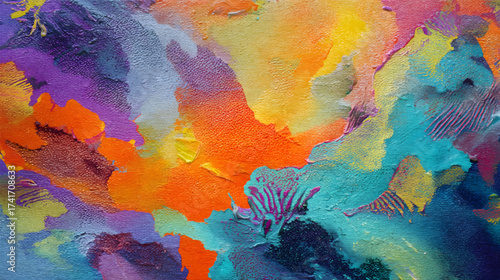 A vibrant abstract painting featuring swirling colors of pink, blue, yellow, and orange, creating a dynamic and energetic composition