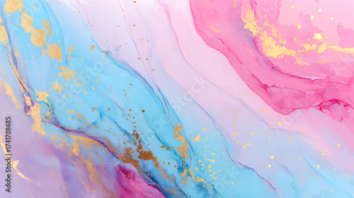 A vibrant abstract painting featuring swirling pink and blue colors with gold accents