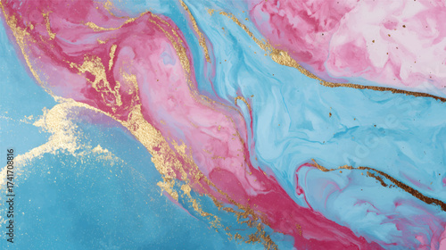 A vibrant abstract painting featuring swirling pink and blue colors with gold accents