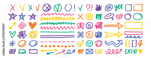 colored doodle design elements, charcoal hand drawn pencil drawn marks and elements. drawing thin texture frames, stars, lines