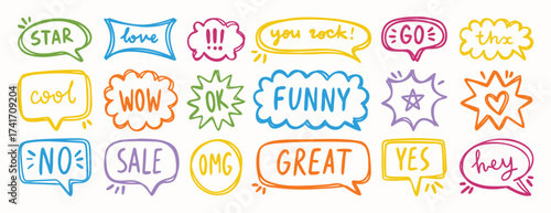 Bright hand drawn speech bubbles with short fun messages, decorative elements for design