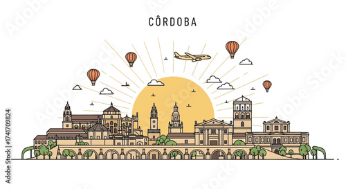 Cordoba, Spain city skyline illustration with historical architecture, Roman bridge, Mezquita-Cathedral, hot air balloons, and a rising sun.