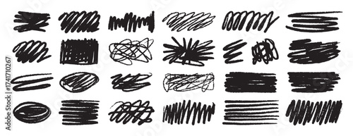 Set messy black brush textured wax crayon spots isolated on white background. Grunge chalk sketch collection. Hand drawn rough edges.