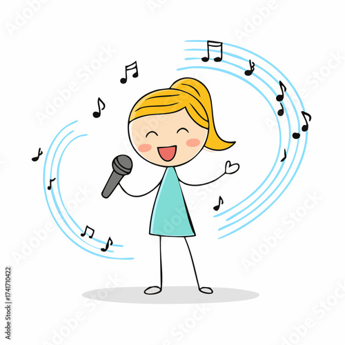 A cartoon of a girl singing with musical notes surrounding her. She appears happy and is holding a microphone