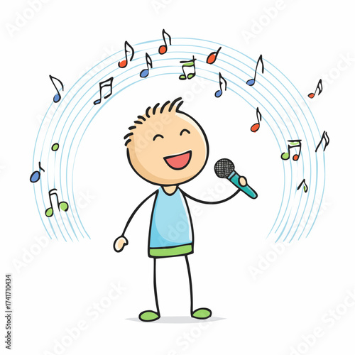 A cartoon image of a person joyfully singing with musical notes surrounding their head