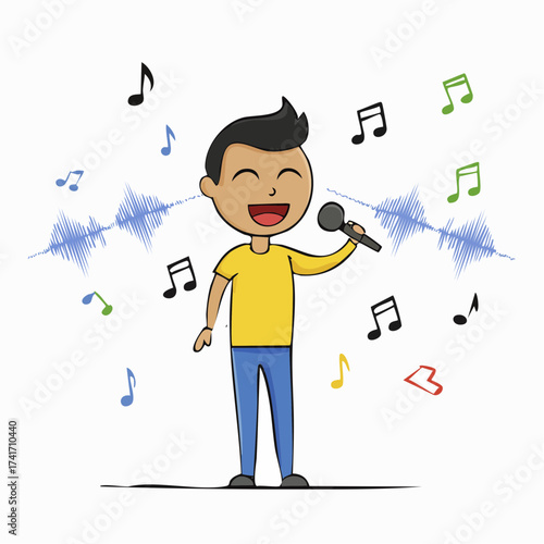 A cheerful cartoon man singing into a microphone surrounded by musical notes and soundwaves, embracing the magic of melody