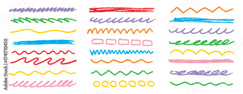 Chalk lines kids strips, brush sketch pencil underlines. Highlight strokes doodle set. Grunge colorful hand drawn highlight strokes