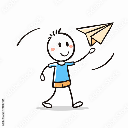 A stick figure child joyfully launches a paper airplane into the air. The child appears to be full of excitement and glee