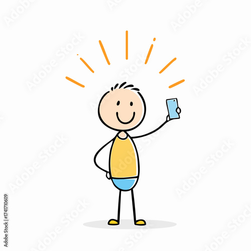 A cartoon character holding up a phone with beaming light around head