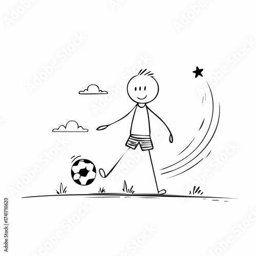 A stick figure playing soccer in a whimsical illustration. The figure is kicking the ball on the grass under a cloudy sky.
