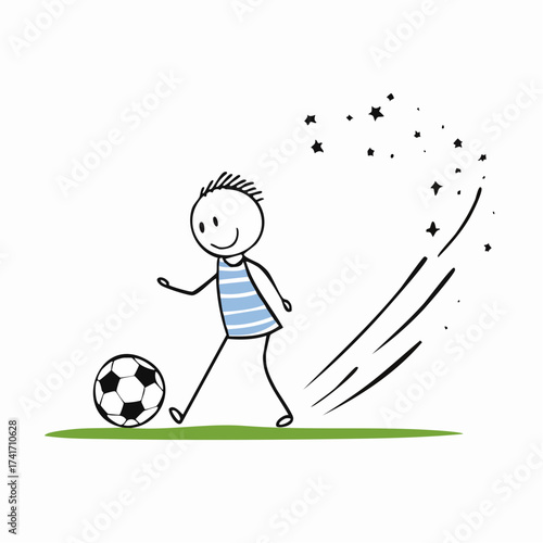 A whimsical illustration of a person kicking a soccer ball on a green field. A trail of stars emanates from the ball, suggesting motion and speed. 