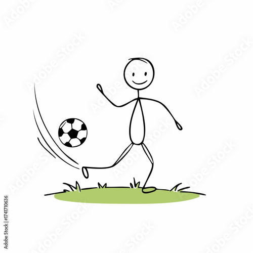Stick figure kicking a soccer ball on a green grass. The player is enjoying playing soccer in the green field