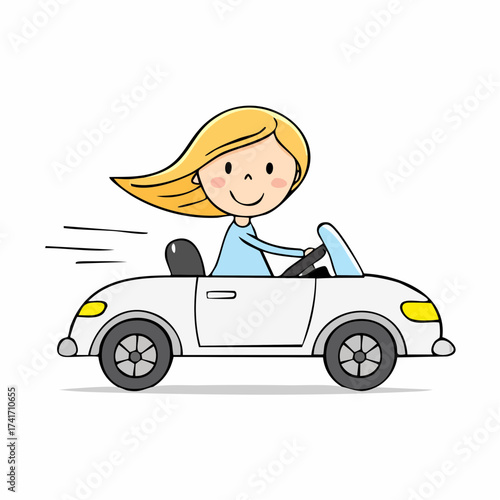 A cartoon illustration of a woman cheerfully driving a small white car with wind blowing hair 