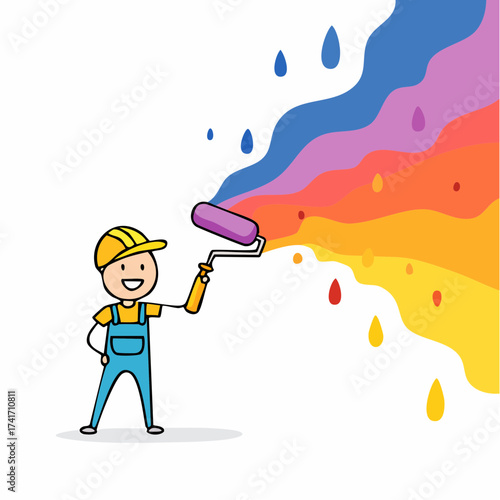 A cartoon depicts a painter adding a vibrant splash of color. The painter is holding a paint roller, adding a rainbow of hues.