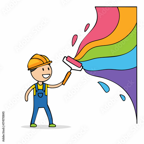 A painter uses a roller to paint colorful strokes on a wall. The person wears a yellow hard hat and blue overalls while painting