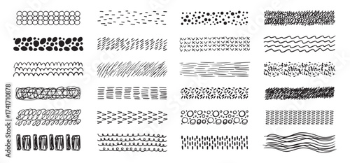 Hand drawn textures collection. abstract brushes, drawing textures from thin lines of different shapes. Set of doodle swirling and straight shapes