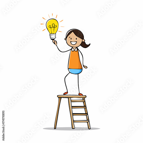 A woman standing on a ladder holds a glowing light bulb, a symbol of innovation and bright ideas