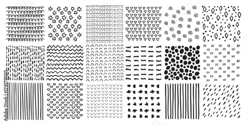 Square patterns set. Hand drawn doodle style patterns. Hatched squares abstract drawing technic, geometric shapes strokes