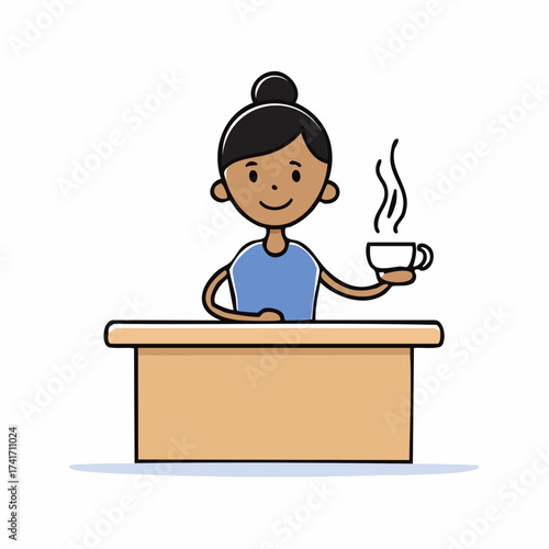 An illustration of a woman enjoying a cup of coffee at her desk. She appears relaxed and content
