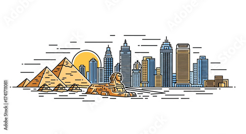 Illustration depicting pyramids, a sphinx, and a cityscape with a setting sun in the background.