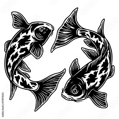 Black and white vector illustration of two koi fish swimming in a circular motion. Japanese line art style.