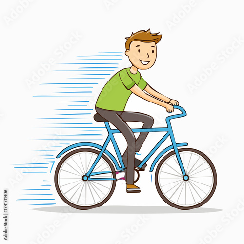 A person is cycling, enjoying the open air with a smile. The cycle is in blue color and the person is in casual clothes