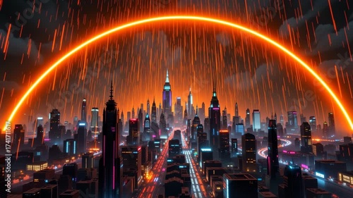 Neon Cityscape Under Glowing Arch: A stunning panorama of a futuristic city, its silhouette defined by the radiant glow of neon lights, beneath a vibrant orange arc.