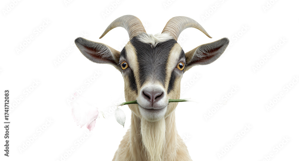 Obraz premium A charming animal with a flower in its mouth, isolated on white.