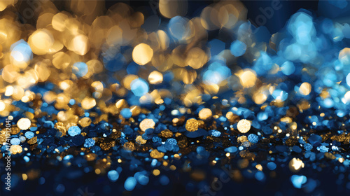 A beautiful abstract background featuring shimmering golden and blue bokeh lights, creating a festive and dreamy atmosphere